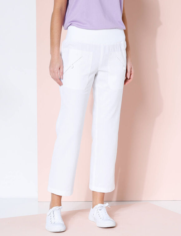 Pantalon droit 7/8ème, taille élastiquée, lin coton (blanc) Pantalon droit 7/8ème, taille élastiquée, lin coton (blanc)